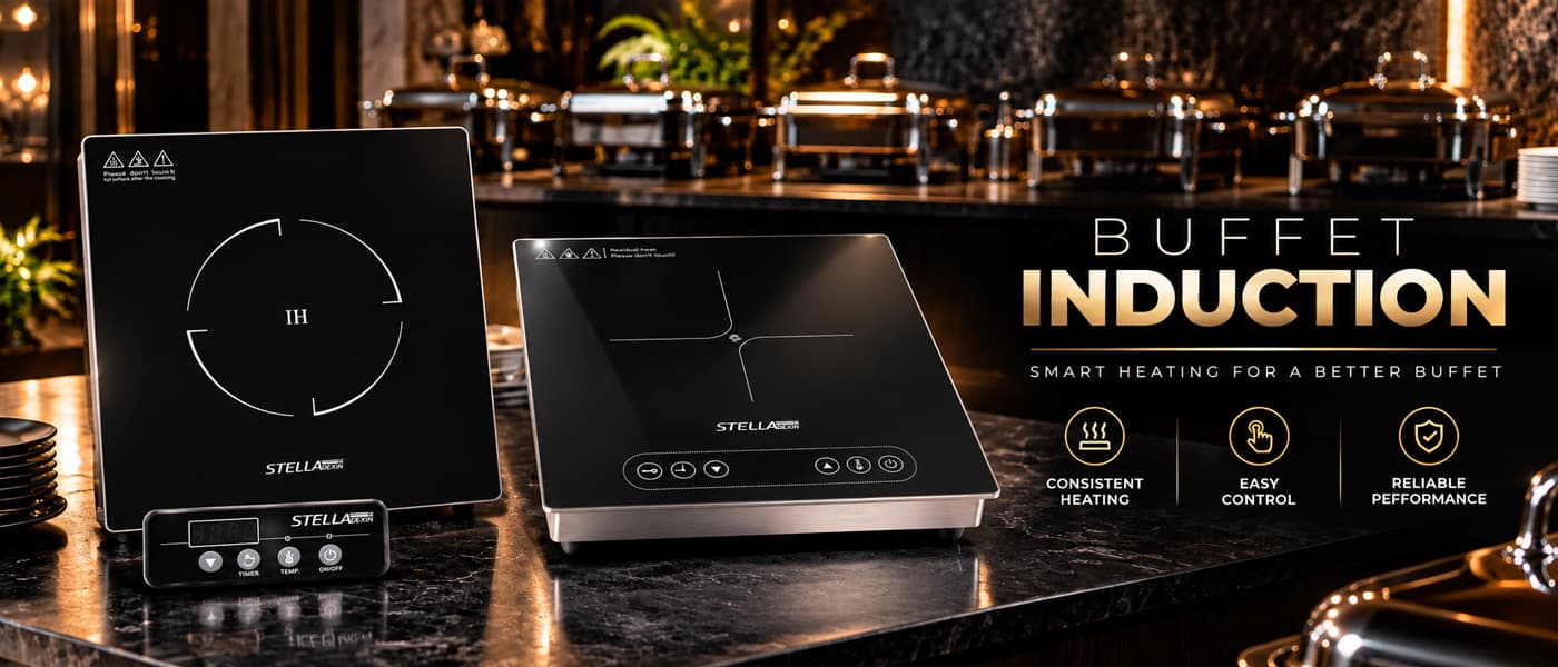 Buffet induction — smart heating for a better buffet. StellaDexin drop-in panel with control box and table top unit: consistent heating, easy control, reliable performance